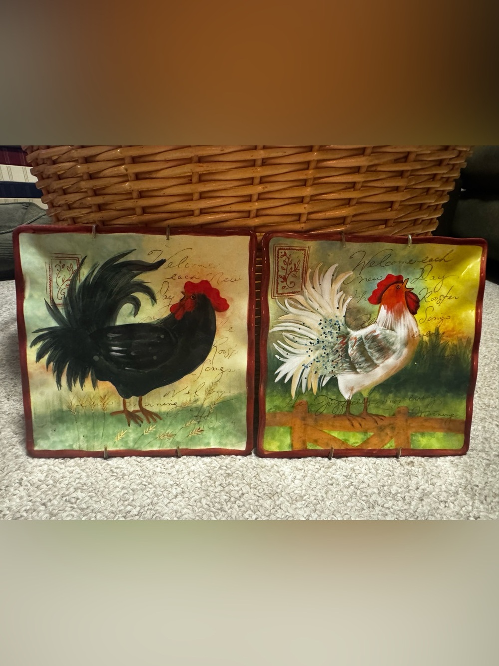 2 Square Susan Winget Certified International Plates "Le Rooster"